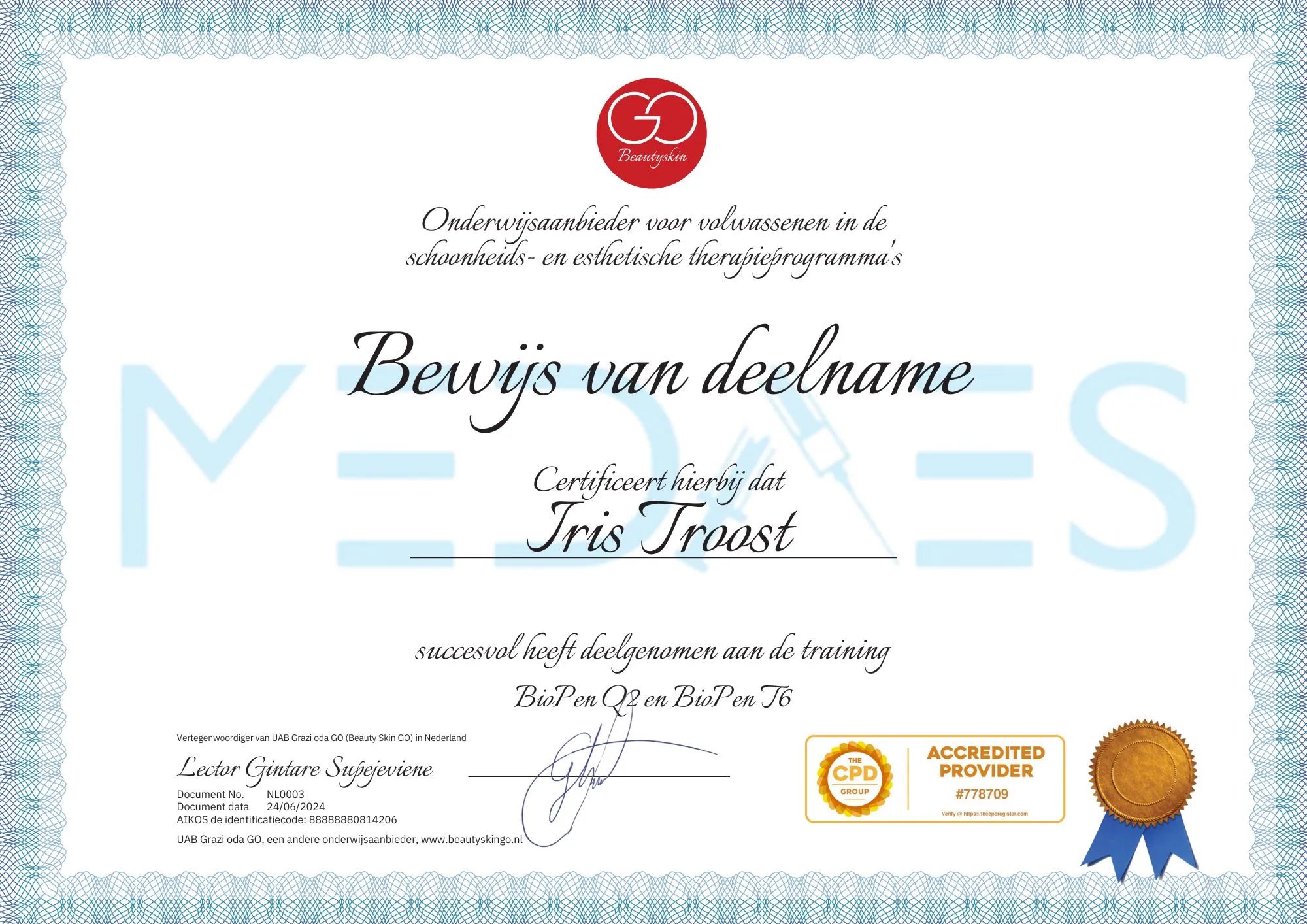 Body-contouring.nl certificaat Iris Troost van Cura Cameo Alphen aan de Rijn