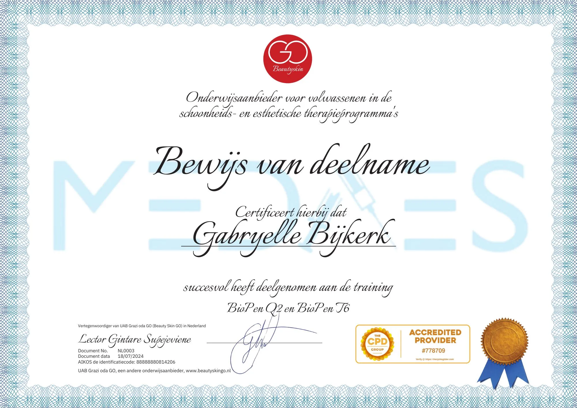 Body-contouring.nl certificaat Bry Wellness & Beauty Noordwijk