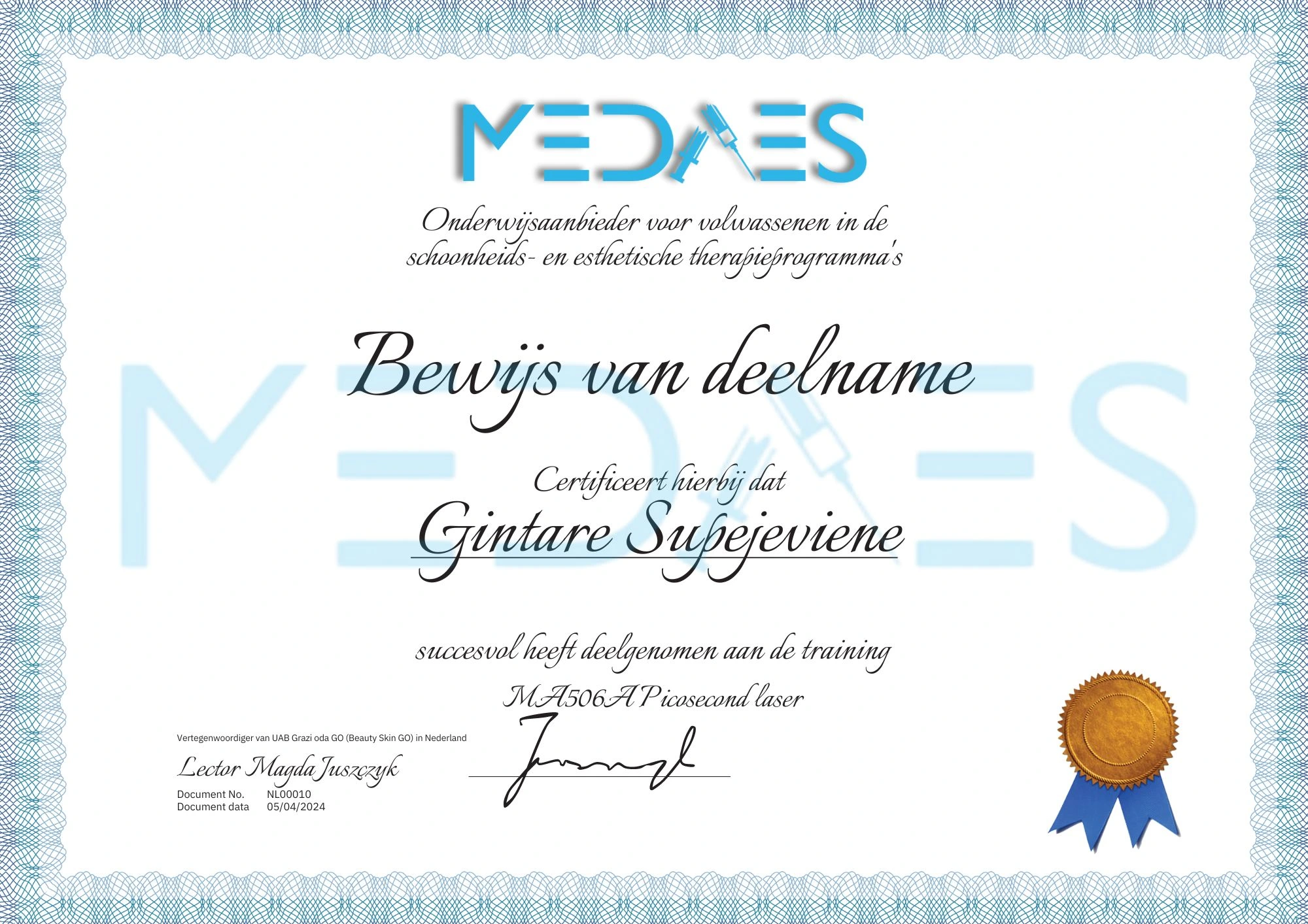 Certificaat Gintare Supejeviene Pico Laser