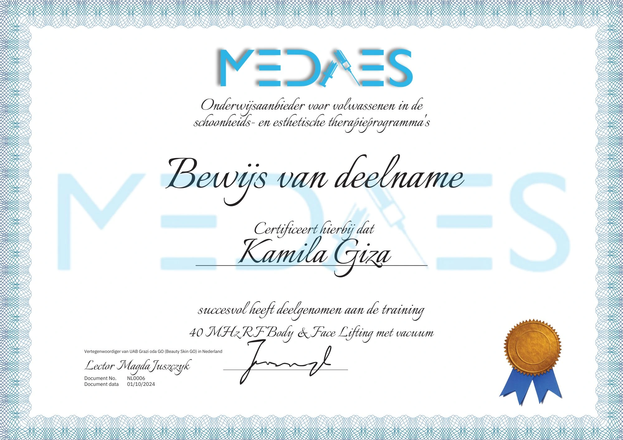 Certificaat Kamila Giza 40 MHz RF