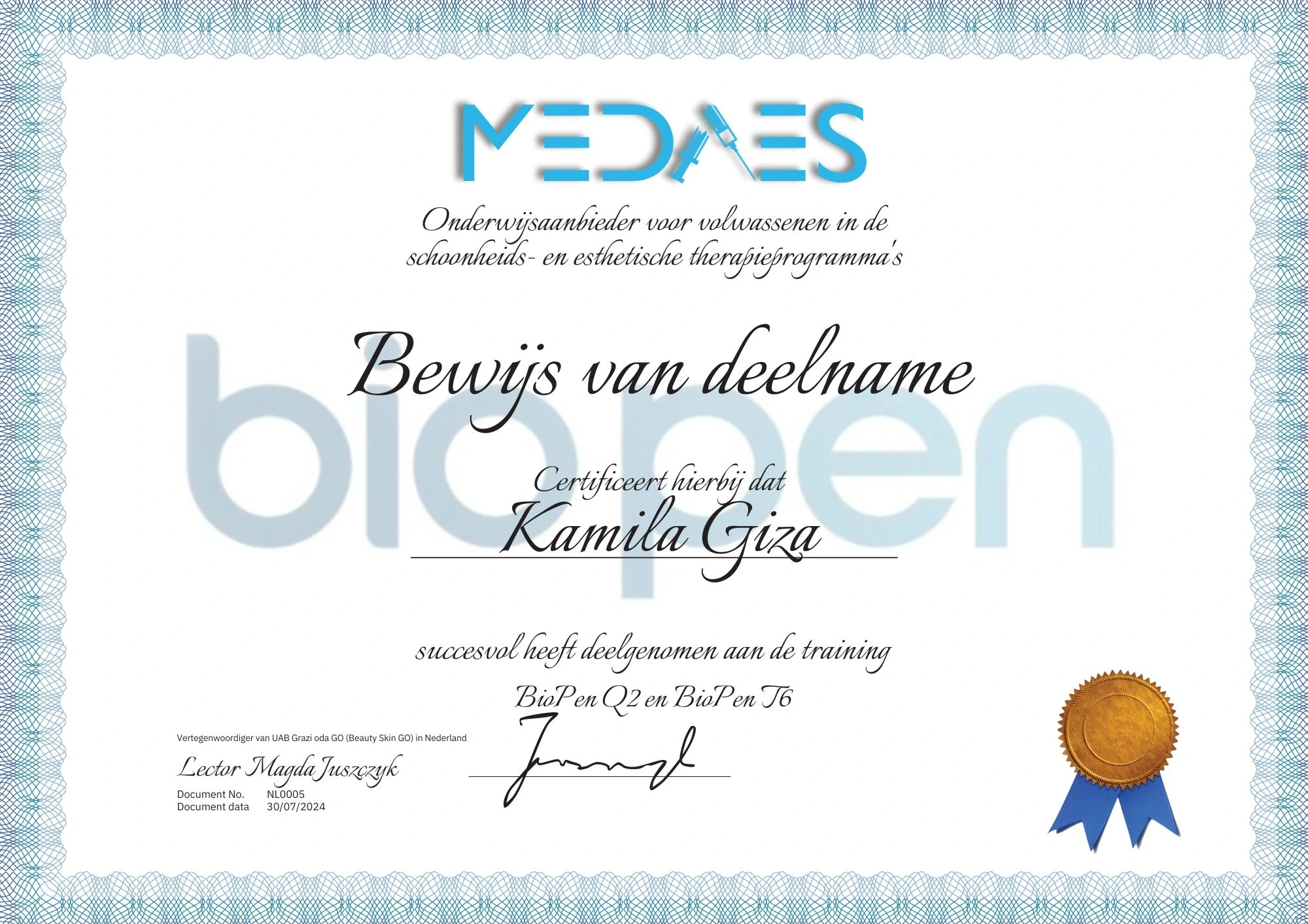 Certificaat Kamila Giza BioPen