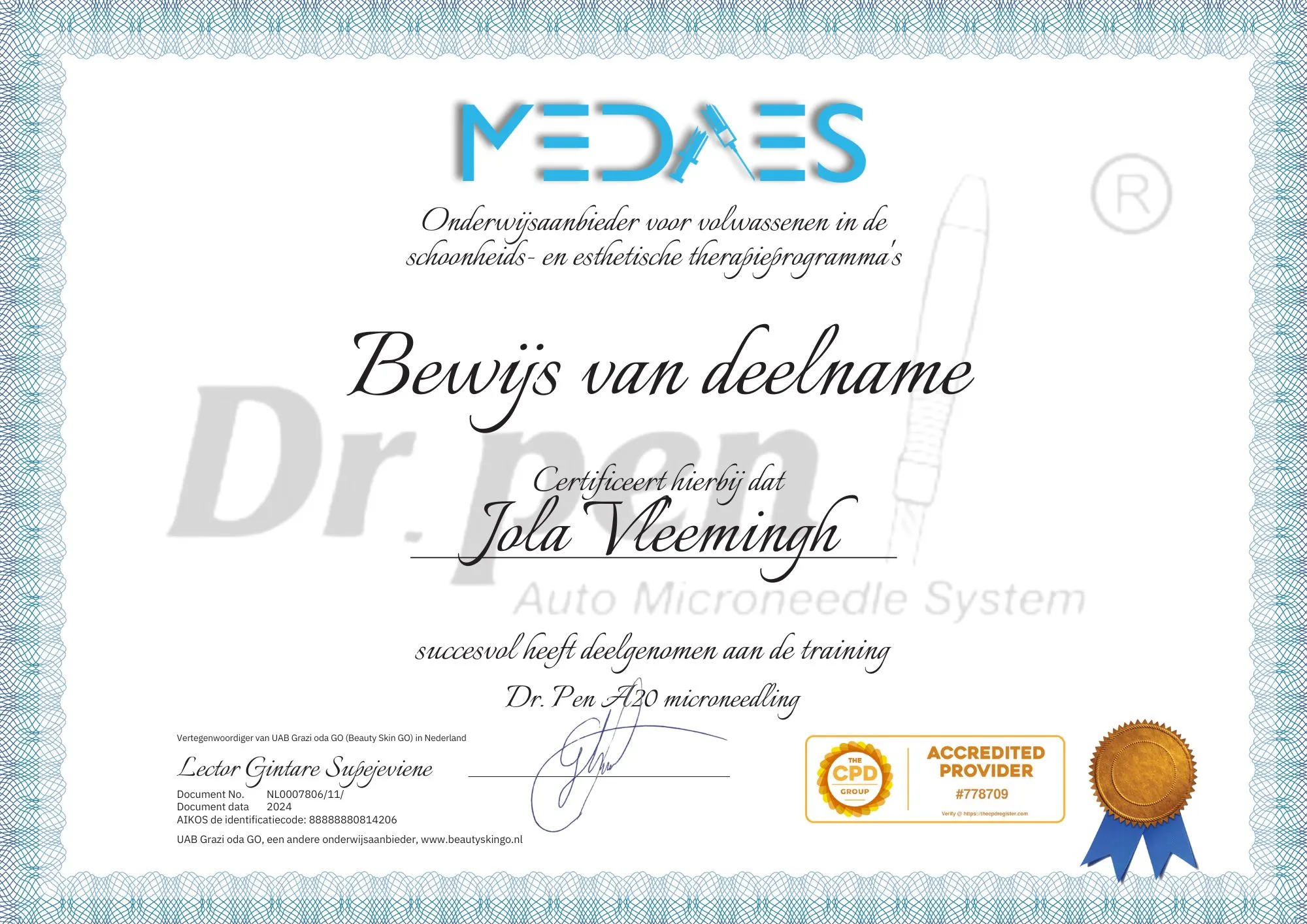 Certificaat Jola beauty and care Dr. Pen A20 training